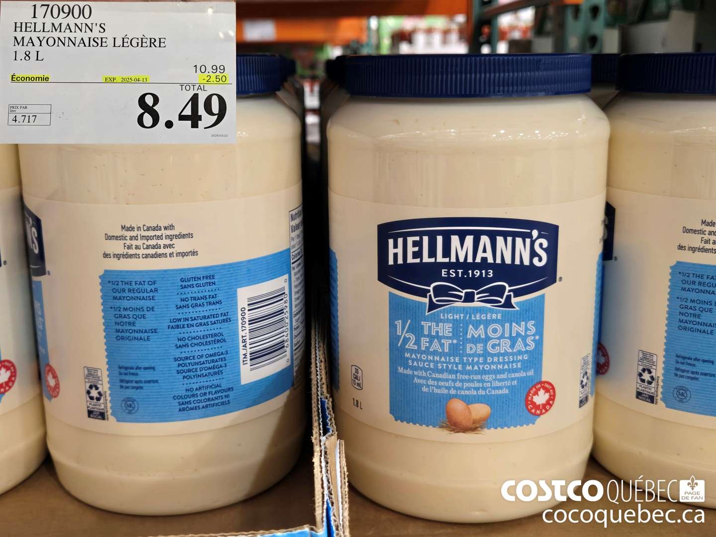 170900 HELLMANN'S MAYONNAISE LEGERE 1.8 L ($2.50 INSTANT SAVINGS EXPIRES ON 2025-04-13) $8.49