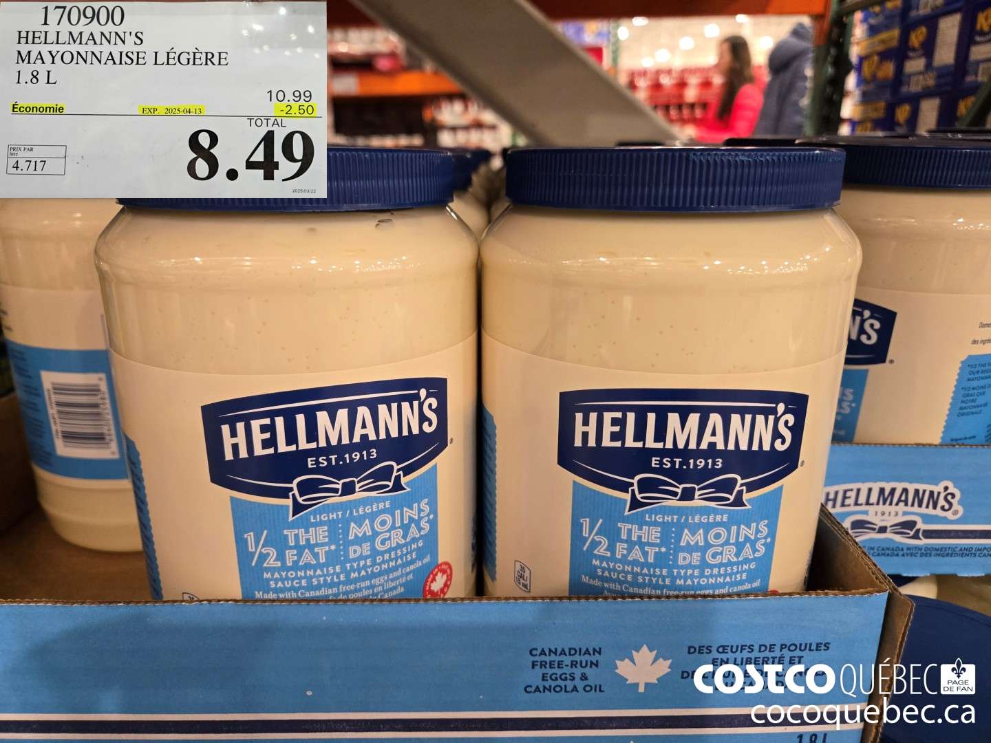 170900 HELLMANN'S MAYONNAISE LEGERE 1.8 L ($2.50 INSTANT SAVINGS EXPIRES ON 2025-04-13) $8.49
