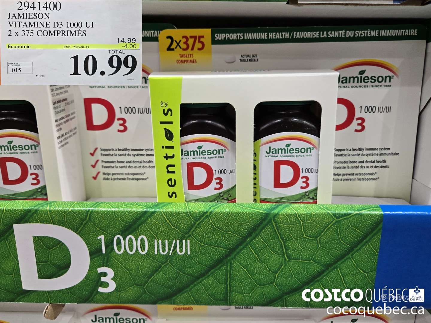 2941400 JAMIESON VITAMINE D3 1000UI 2X375 COMPRIMES ($4.00 INSTANT SAVINGS EXPIRES ON 2025-04-13) $10.99