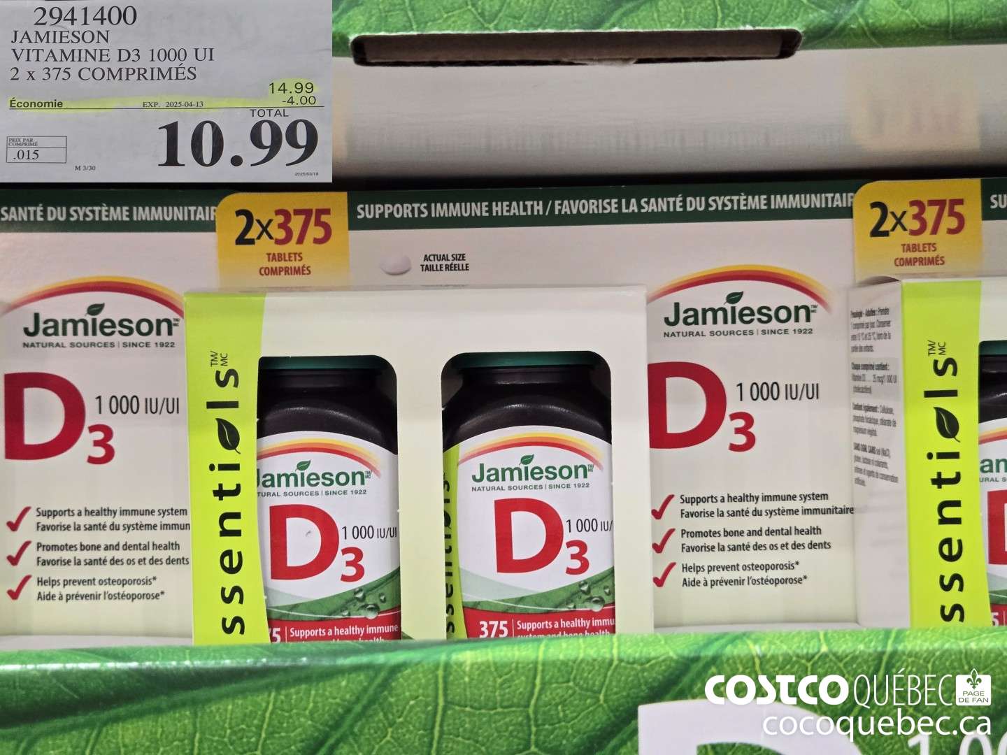 2941400 JAMIESON VITAMINE D3 1000UI 2X375 COMPRIMES ($4.00 INSTANT SAVINGS EXPIRES ON 2025-04-13) $10.99