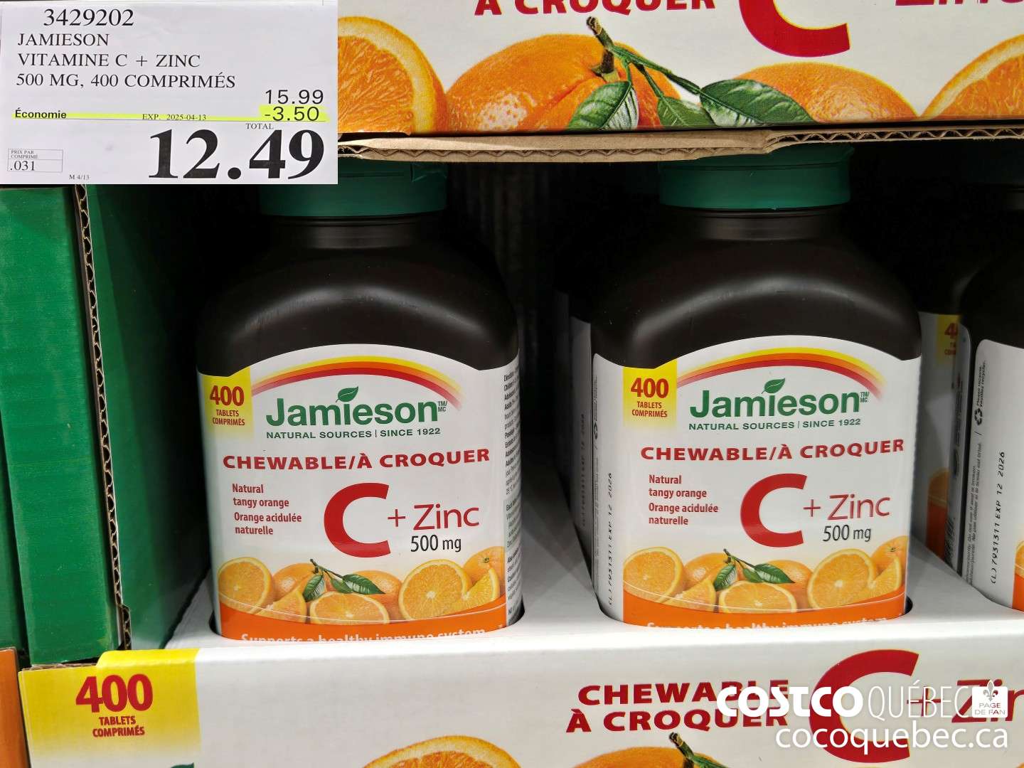 3429202 JAMIESON - VITAMINE C+ZINC 500MG | 400 COMPRIMES ($3.50 INSTANT SAVINGS EXPIRES ON 2025-04-13) $12.49