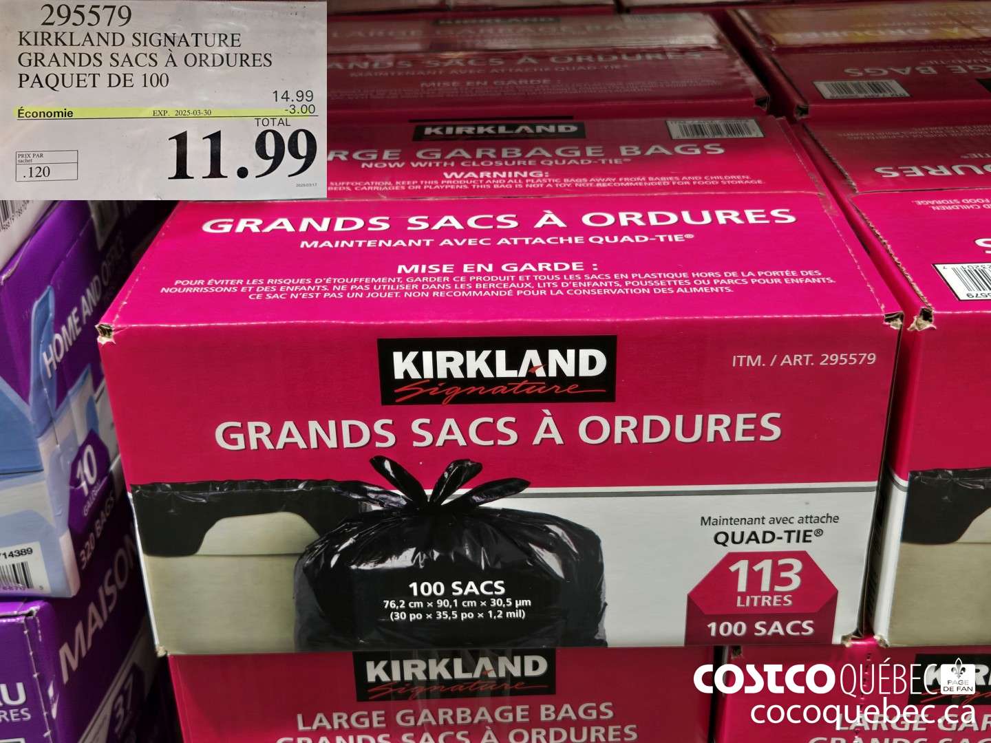 295579 KIRKLAND SIGNATURE GRANDS SACS A ORDURES PAQUET DE 100 ($3.00 INSTANT SAVINGS EXPIRES ON 2025-03-30) $11.99