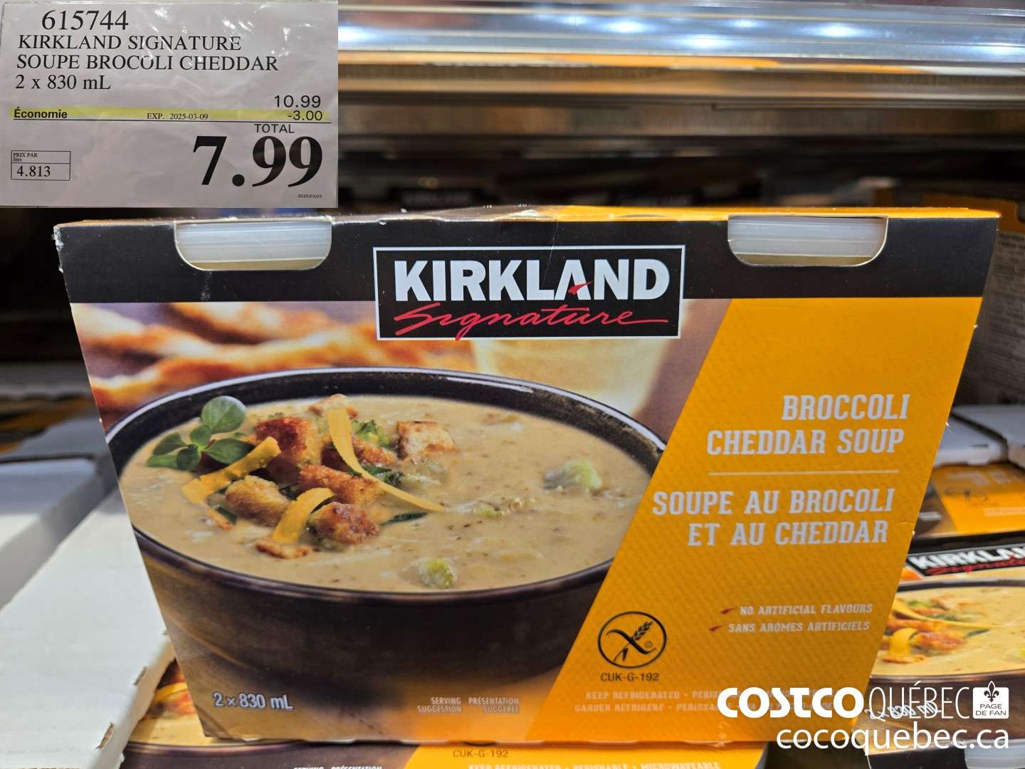 615744 KIRKLAND SIGNATURE SOUPE BROCOLI CHEDDAR 2 x 830 ML  ($3.00 INSTANT SAVINGS EXPIRES ON 2025-03-09) $7.99