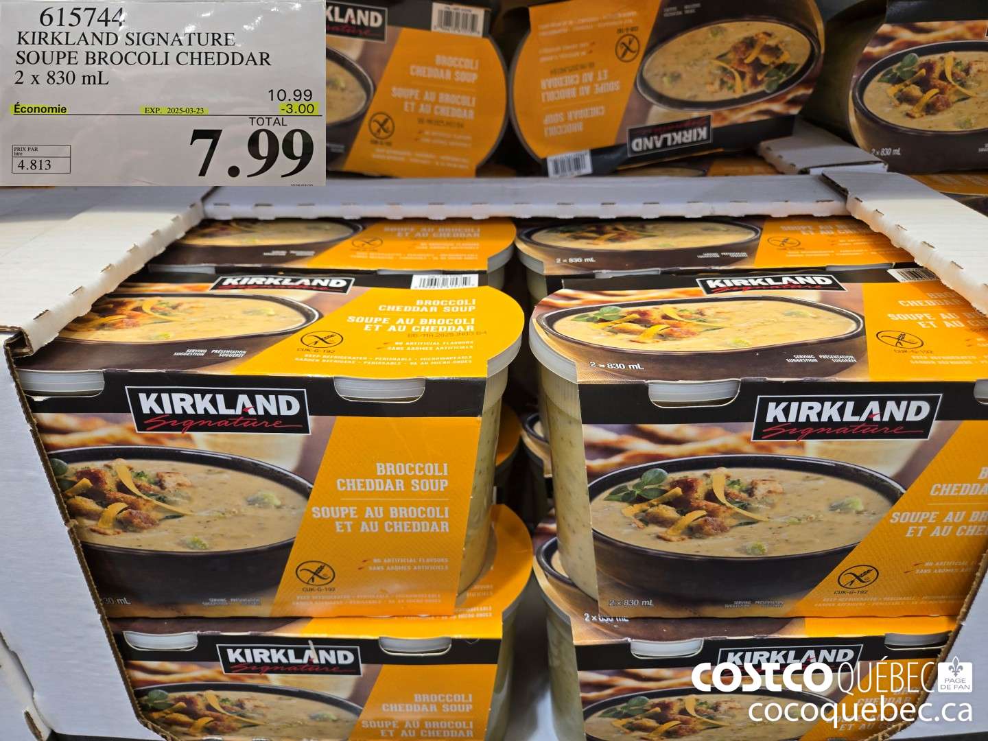 615744 KIRKLAND SIGNATURE SOUPE BROCOLI CHEDDAR 2 x 830 ML  ($3.00 INSTANT SAVINGS EXPIRES ON 2025-03-23) $7.99