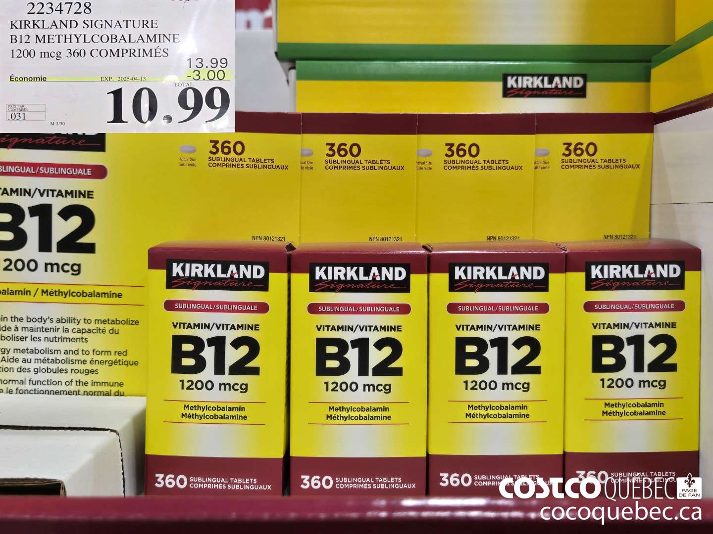 2234728 KIRKLAND SIGNATURE B12 METHYLCOBALAMINE 1200 mcg. 360 COMPRIMES  ($3.00 INSTANT SAVINGS EXPIRES ON 2025-04-13) $10.99