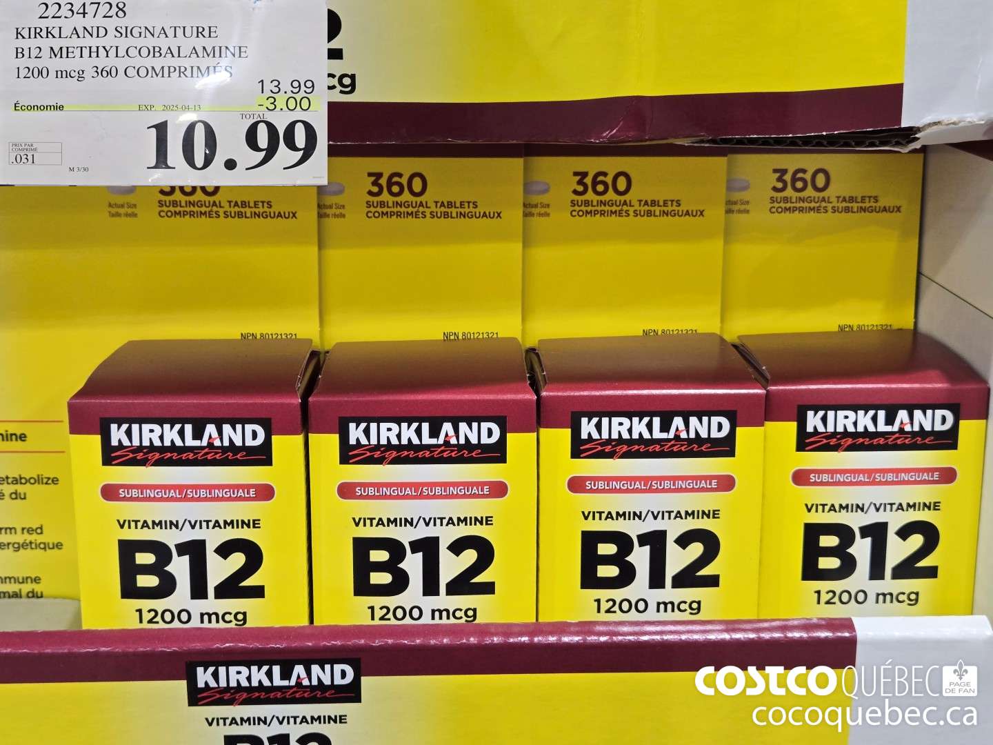 2234728 KIRKLAND SIGNATURE B12 METHYLCOBALAMINE 1200 mcg. 360 COMPRIMES  ($3.00 INSTANT SAVINGS EXPIRES ON 2025-04-13) $10.99
