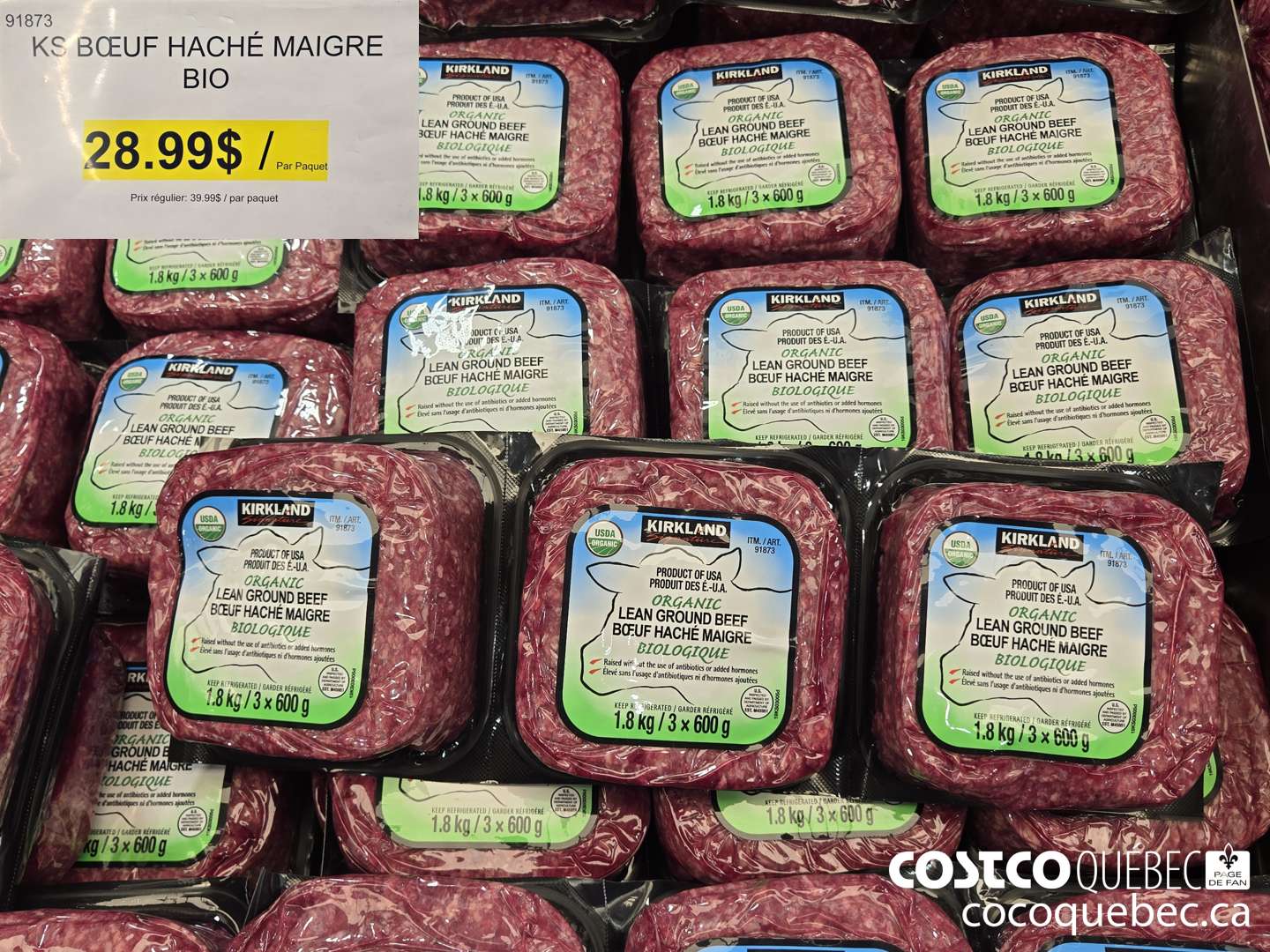 91873 KS BOEUF HACHE MAIGRE BIO  ($10.00 INSTANT SAVINGS) $28.99