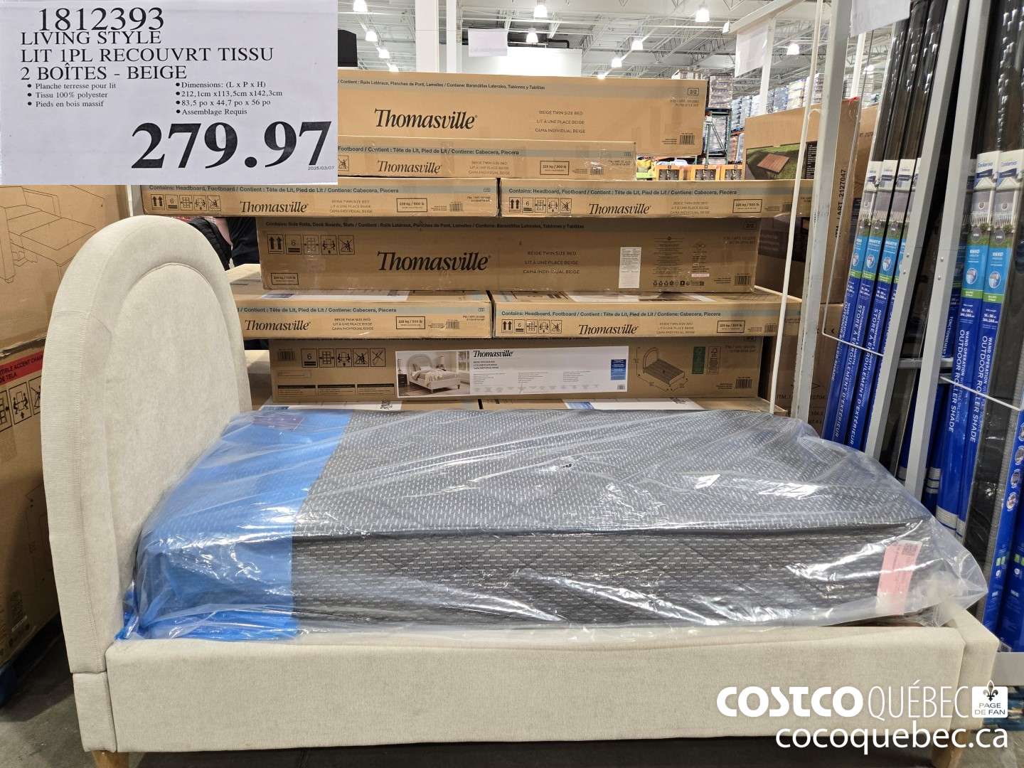 1812393 LIVING STYLE LIT 1PL RECOUVRT TISSU 2 BOITES - BEIGE  $279.97