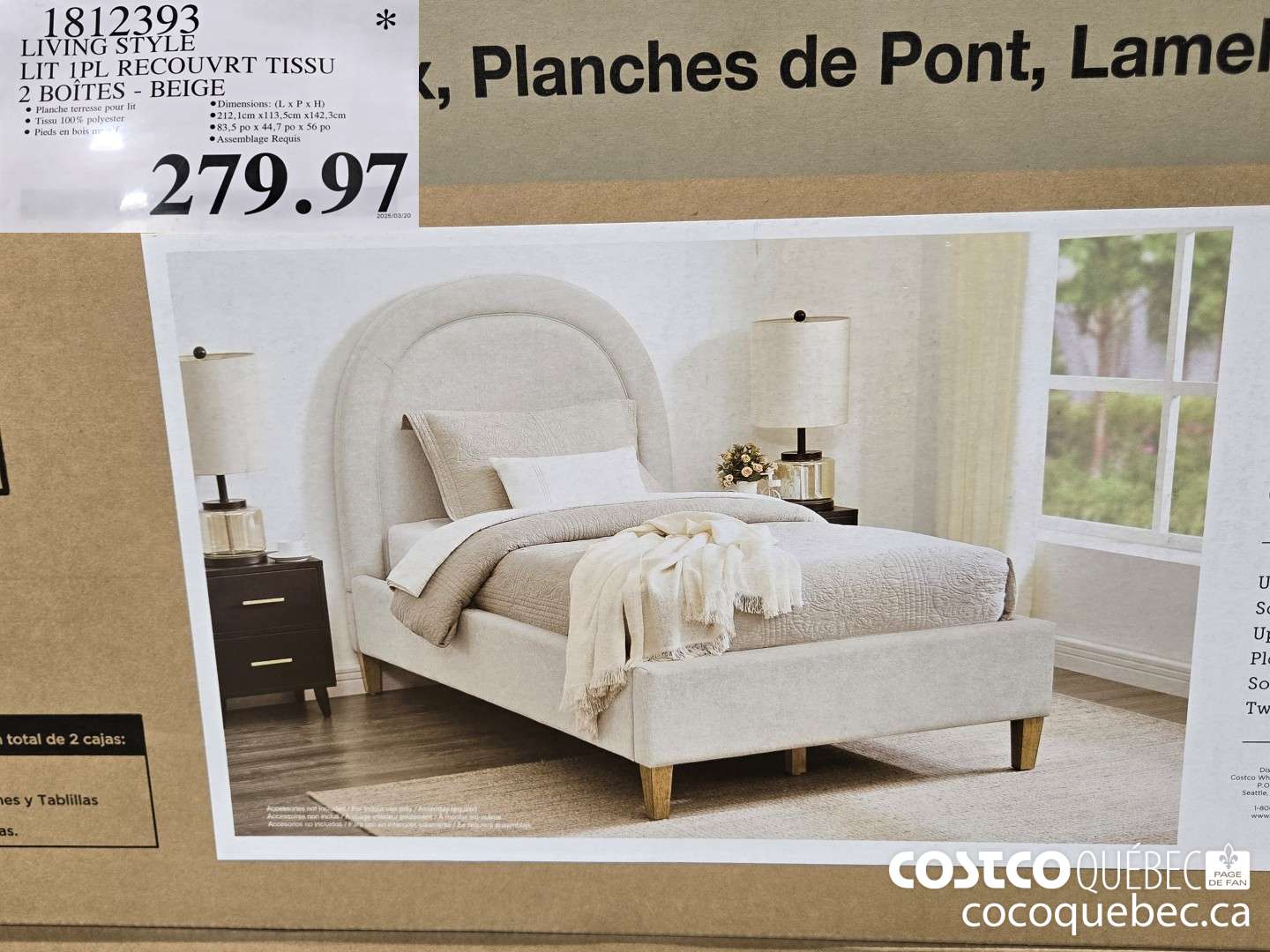 1812393 LIVING STYLE LIT 1PL RECOUVRT TISSU 2 BOITES - BEIGE  $279.97