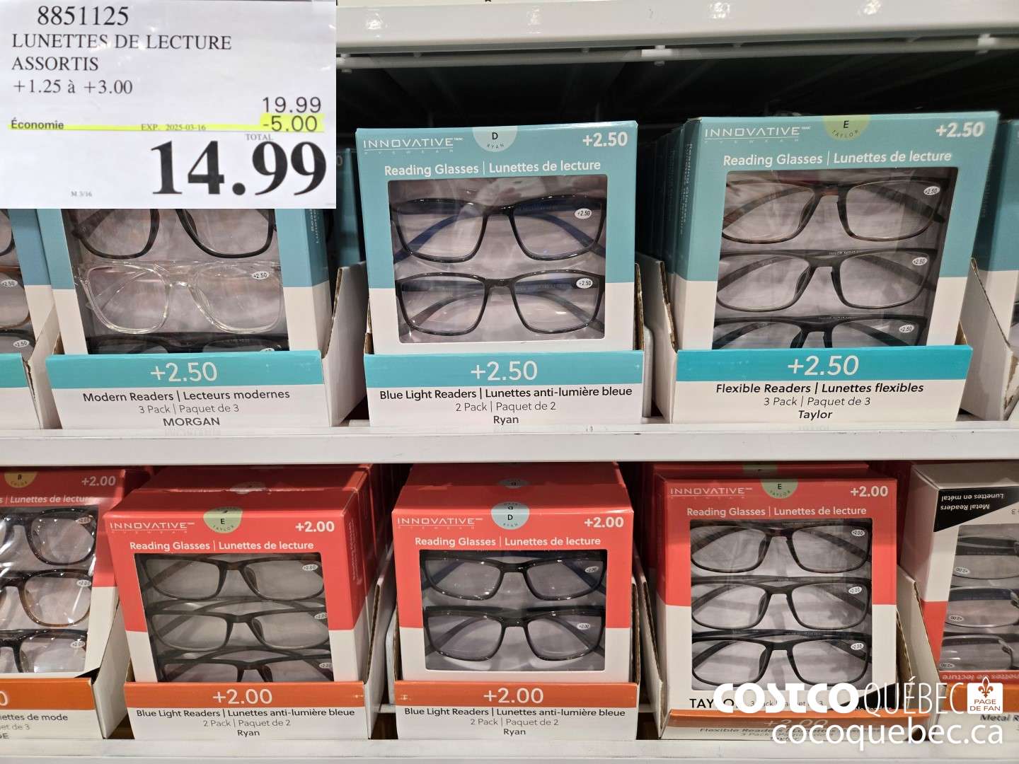 8851125 LUNETTES DE LECTURE ASSORTIS  ($5.00 INSTANT SAVINGS EXPIRES ON 2025-03-16) $14.99