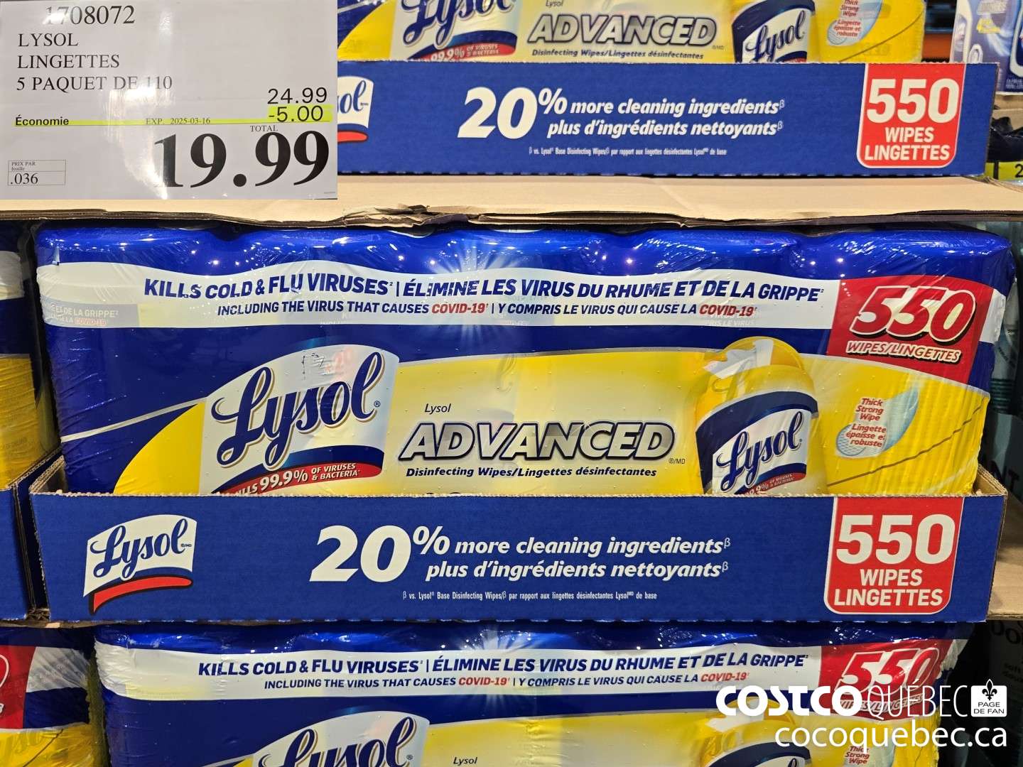 1708072 LYSOL LINGETTES 5 PAQUET DE 110  ($5.00 INSTANT SAVINGS EXPIRES ON 2025-03-16) $19.99
