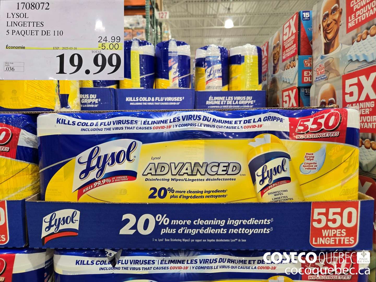 1708072 LYSOL LINGETTES 5 PAQUET DE 110  ($5.00 INSTANT SAVINGS EXPIRES ON 2025-03-16) $19.99