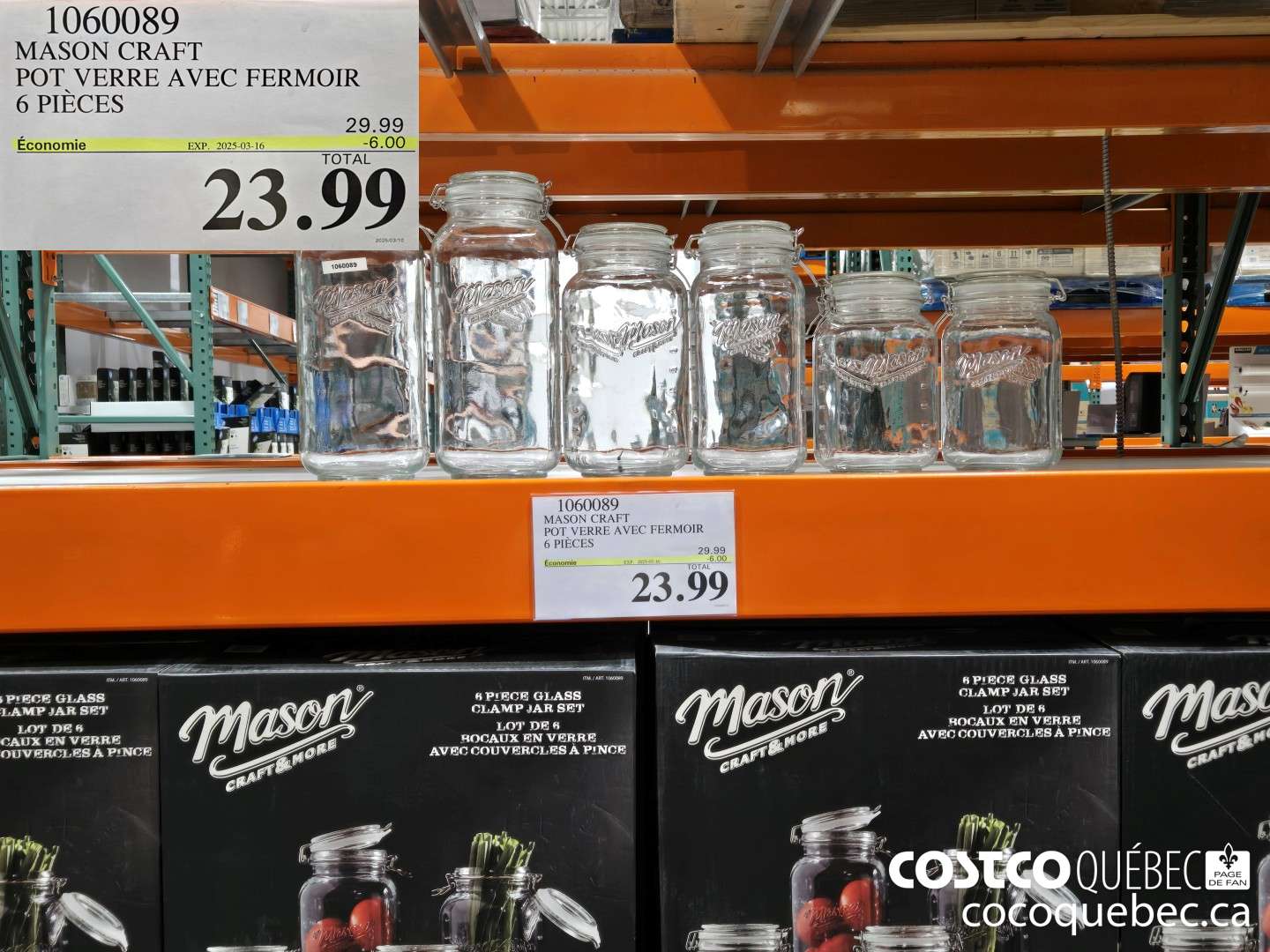 1060089 MASON CRAFT POT VERRE AVEC FERMOIR  6 PIECES ($6.00 INSTANT SAVINGS EXPIRES ON 2025-03-16) $29.99