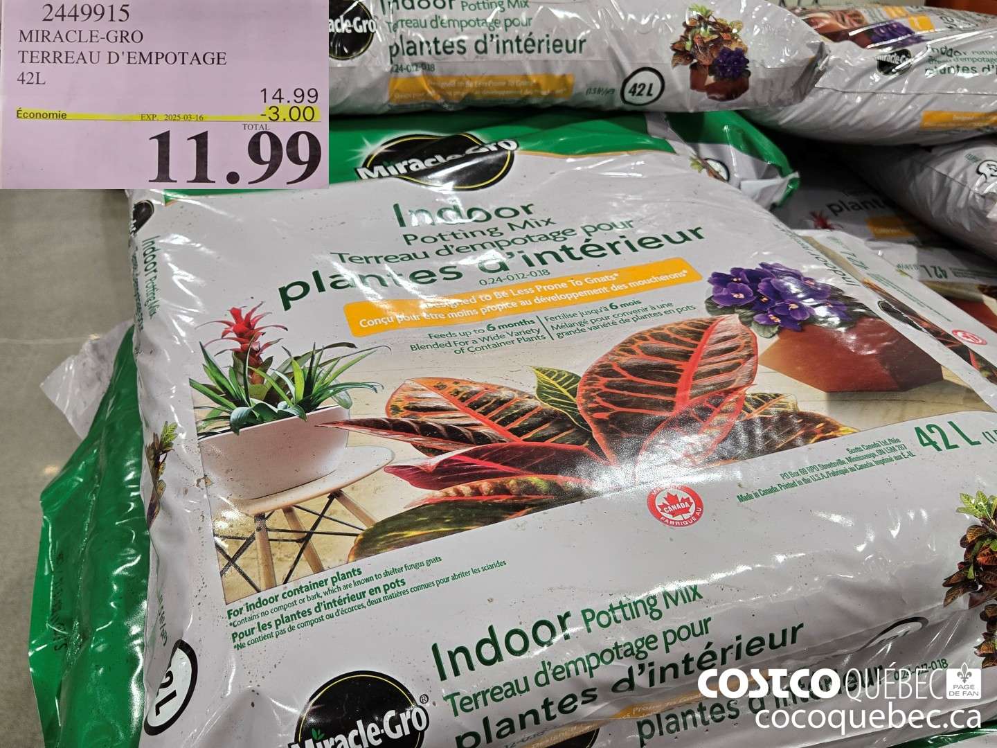 2449915 MIRACLE-GRO TERREAU D'EMPOTAGE 42L  ($3.00 INSTANT SAVINGS EXPIRES ON 2025-03-16) $11.99