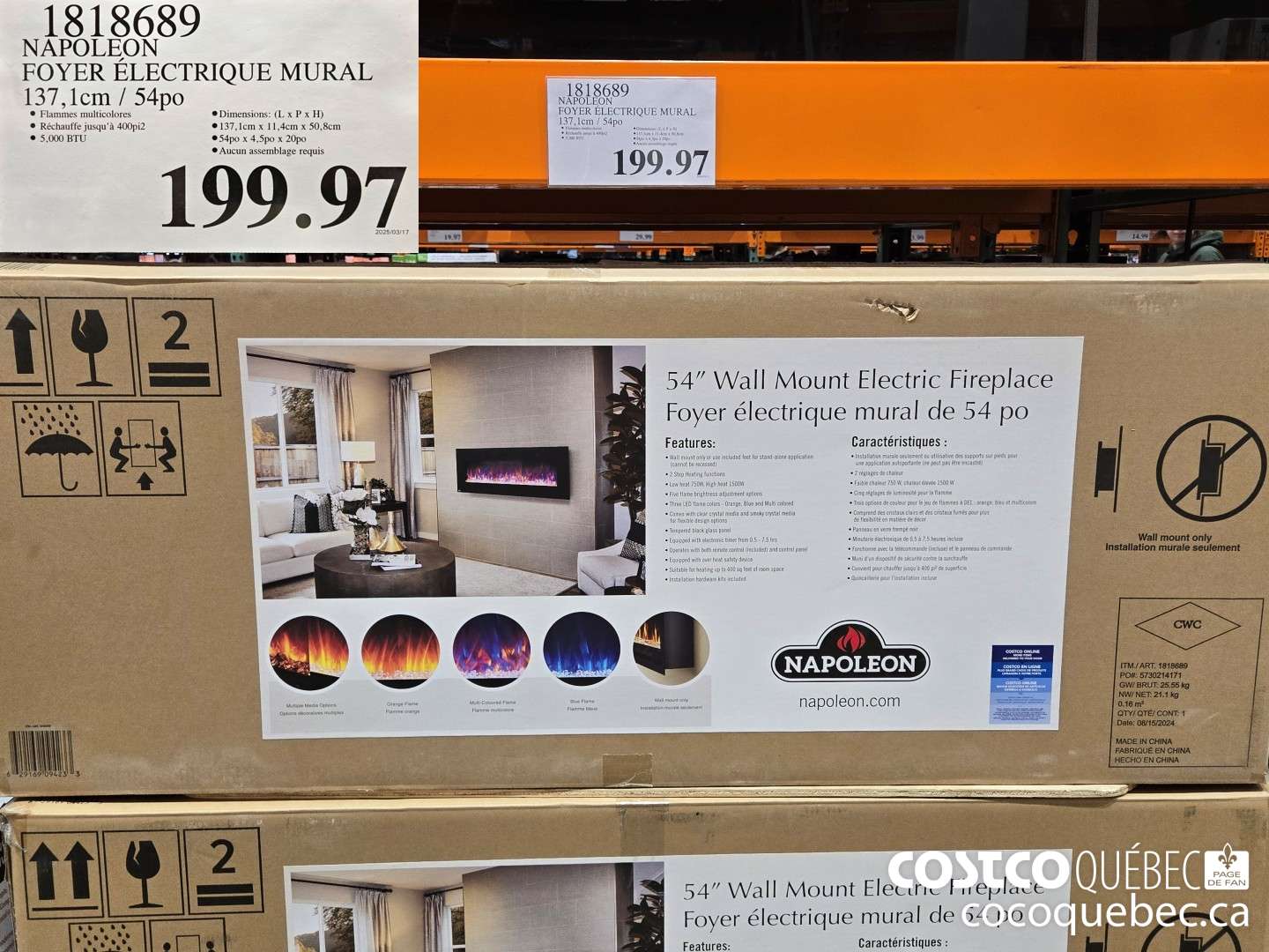 1818689 NAPOLEON FOYER ELECTRIQUE MURAL 137 /,lcm / 54po i  $199.97