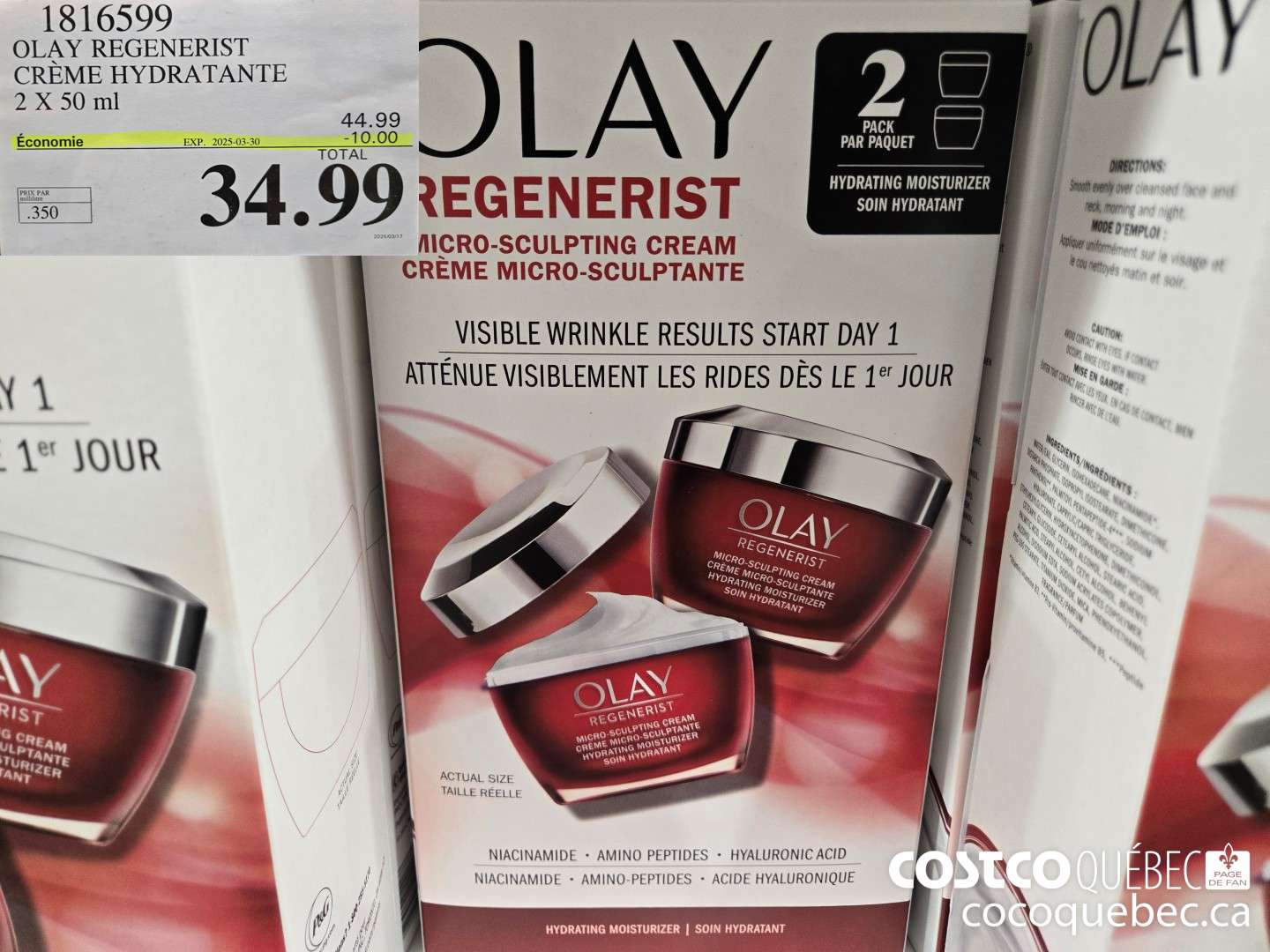 1816599 OLAY REGENERIST CREME HYDRATANTE 2 X 50 ml  ($10.00 INSTANT SAVINGS EXPIRES ON 2025-03-30) $34.99