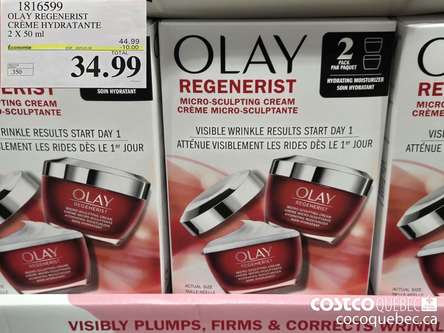 1816599 OLAY REGENERIST CREME HYDRATANTE 2 X 50 ml  ($10.00 INSTANT SAVINGS EXPIRES ON 2025-03-30) $34.99