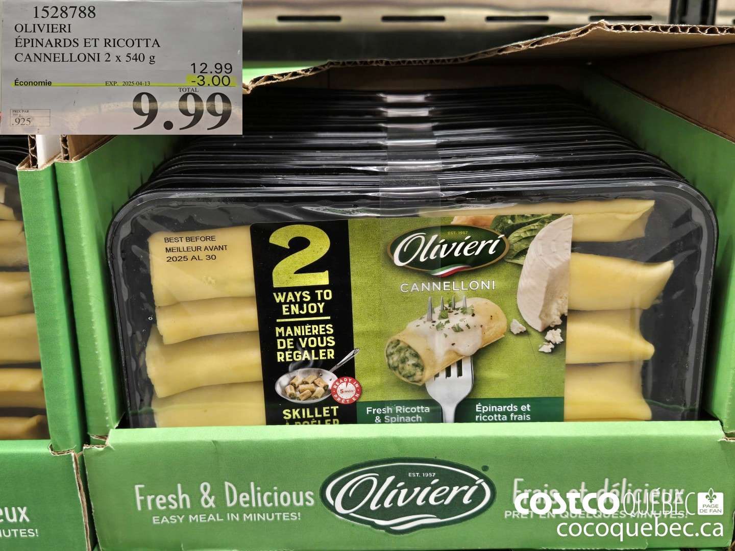 1528788 OLIVIERI EPINARDS ET RICOTTA CANNELLONI 2 x 540 g  ($3.00 INSTANT SAVINGS EXPIRES ON 2025-04-13) $9.99