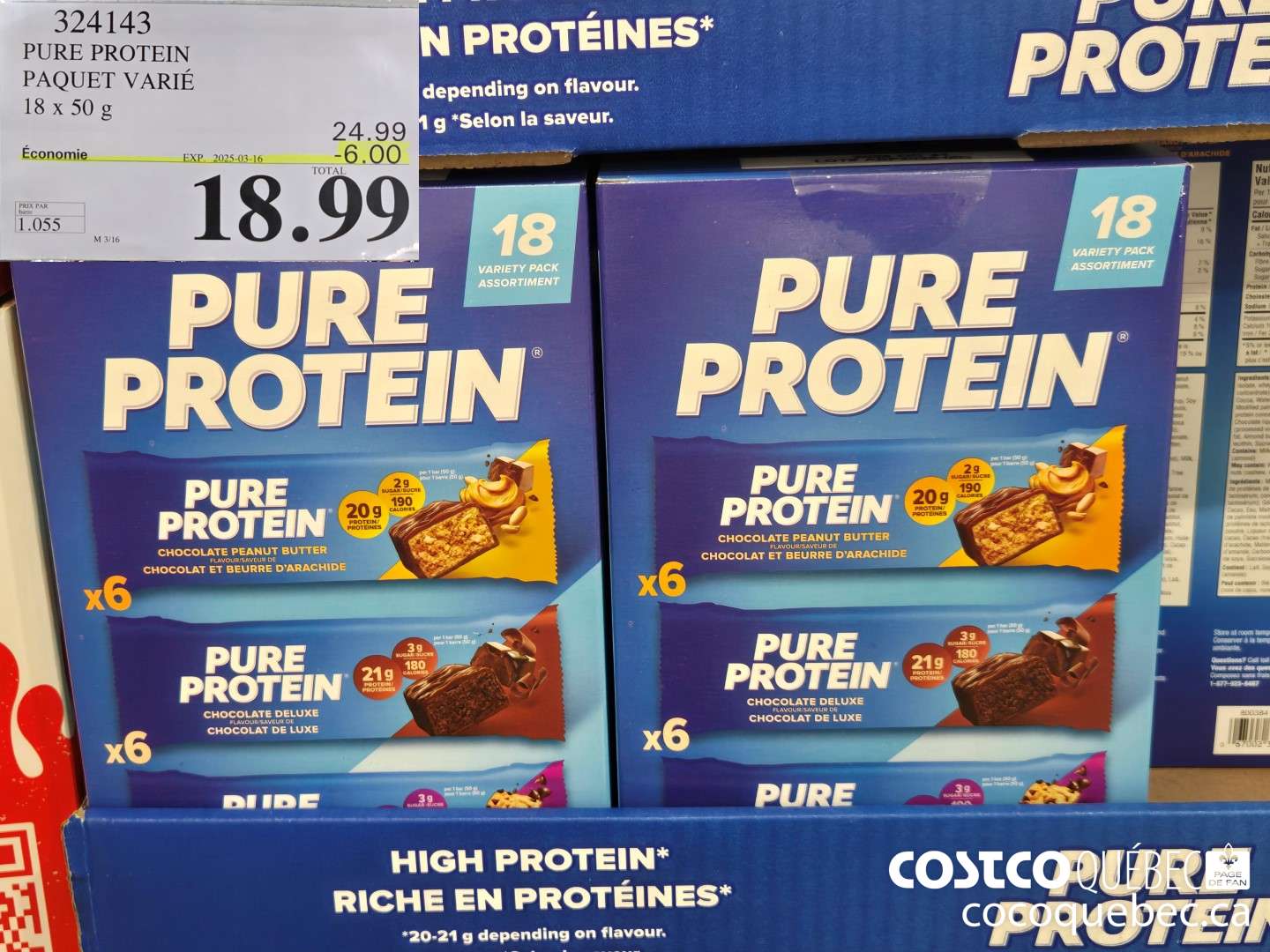 324143 PURE PROTEIN PAQUET VARIE 18x50 g ($6.00 INSTANT SAVINGS EXPIRES ON 2025-02-16) $18.99