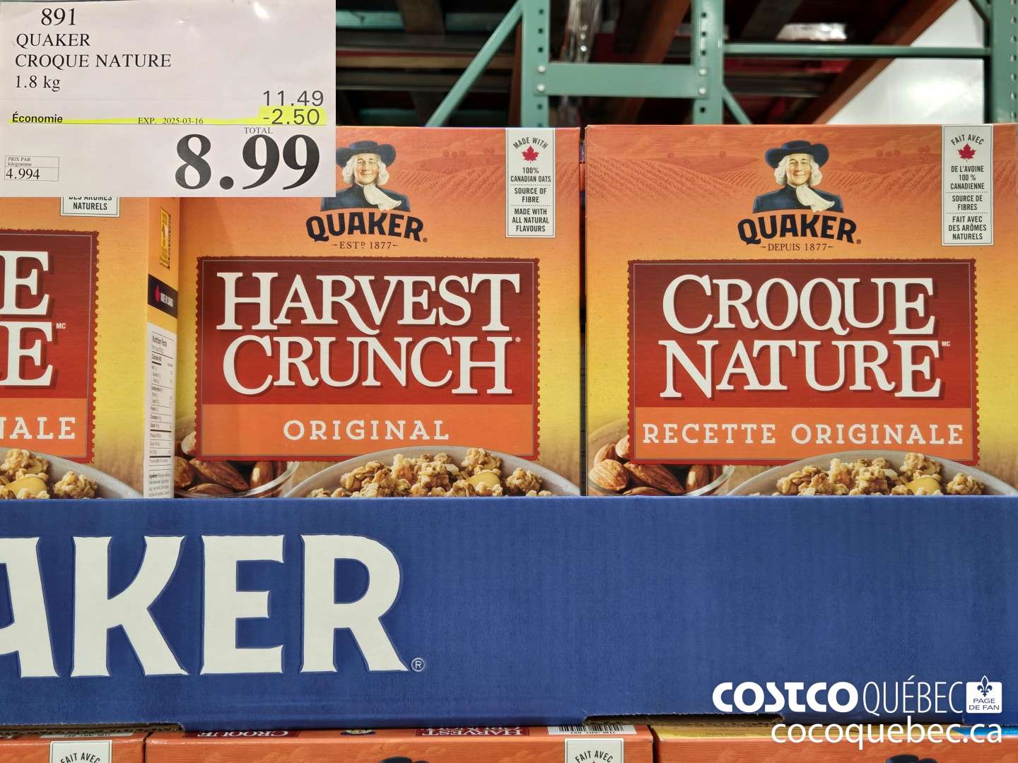 891 QUAKER CROQUE NATURE 1.8 kg  ($2.50 INSTANT SAVINGS EXPIRES ON 2025-03-16) $8.99