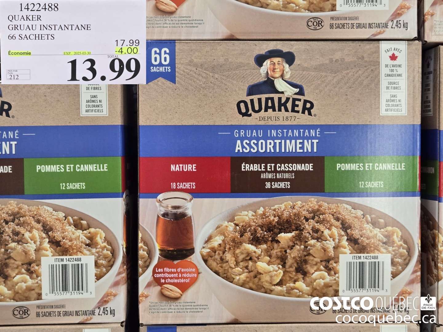 1422488 QUAKER GRUAU INSTANTANE 66 Sachets ($4.00 INSTANT SAVINGS EXPIRES ON 2025-03-30) $13.99