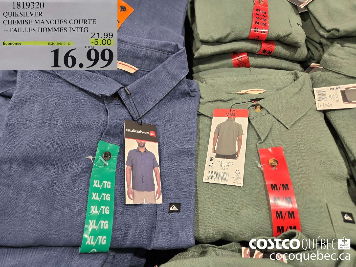 1819320 QUIKSILVER CHEMISE MANCHES COURTE +TAILLES HOMMES P-TTG  ($5.00 INSTANT SAVINGS EXPIRES ON 2025-04-13) $16.99