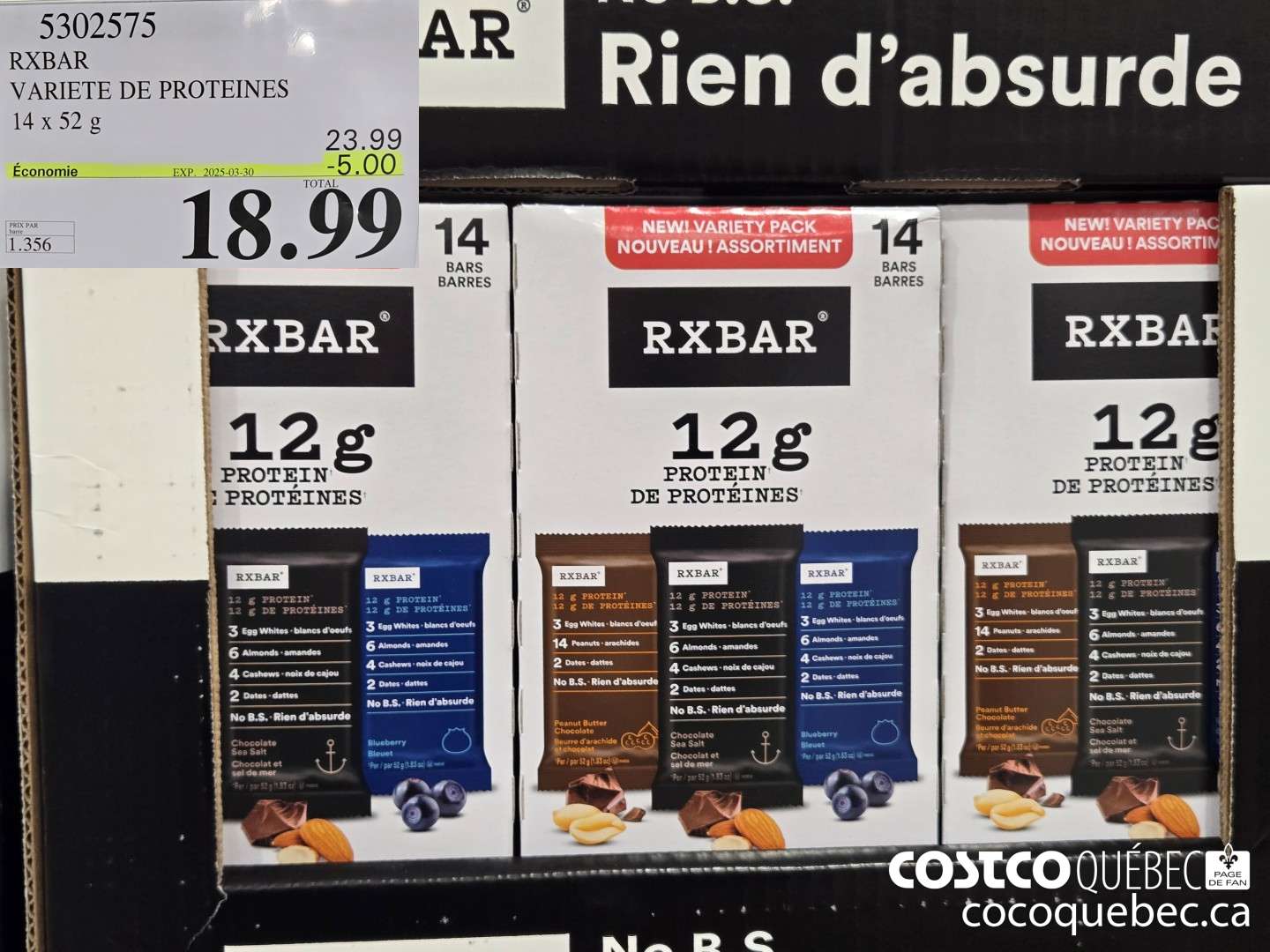 5302575 RXBAR VARIETE DE PROTEINFS 2025-01-19  ($5.00 INSTANT SAVINGS EXPIRES ON 2025-03-30) $18.99
