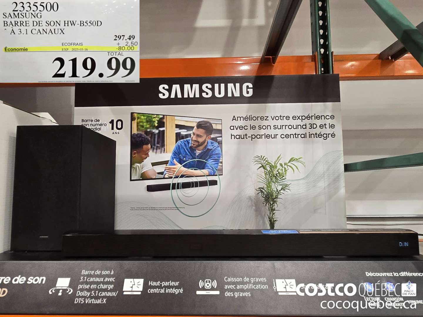 2335500 SAMSUNG BARRE DE SON HW-B550D  ($80.00 INSTANT SAVINGS EXPIRES ON 2025-03-16) $219.99