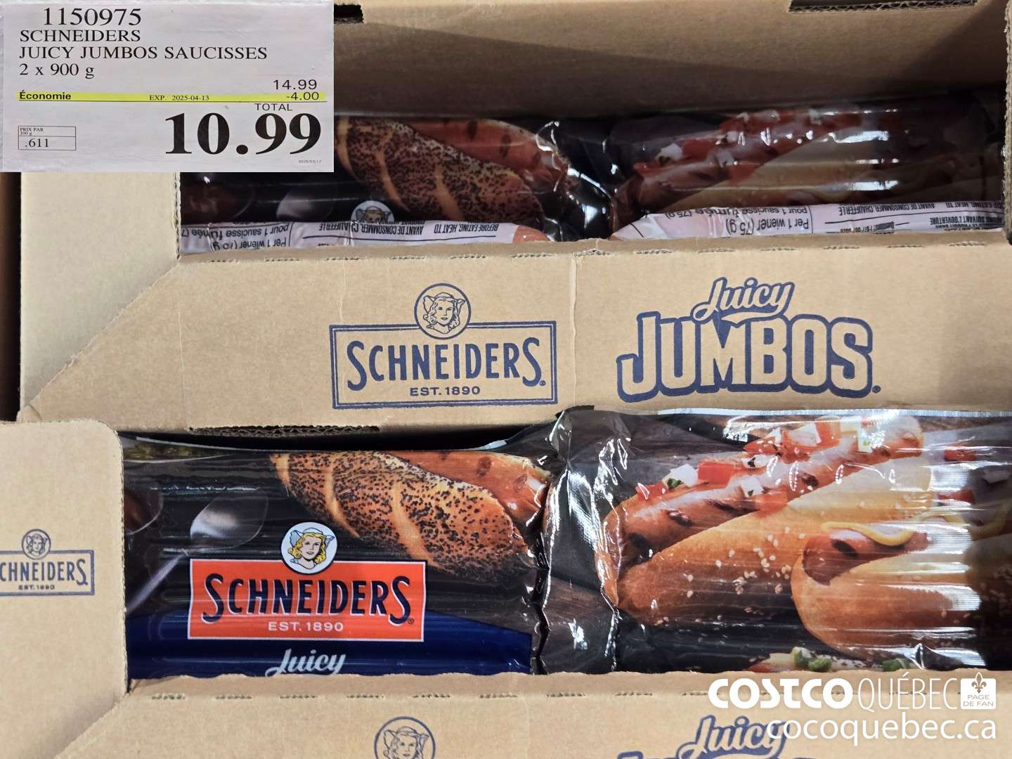 1150975 SCHNEIDERS JUICY JUMBOS SAUCISSES 2 x 900 g  ($4.00 INSTANT SAVINGS EXPIRES ON 2025-04-13) $10.99