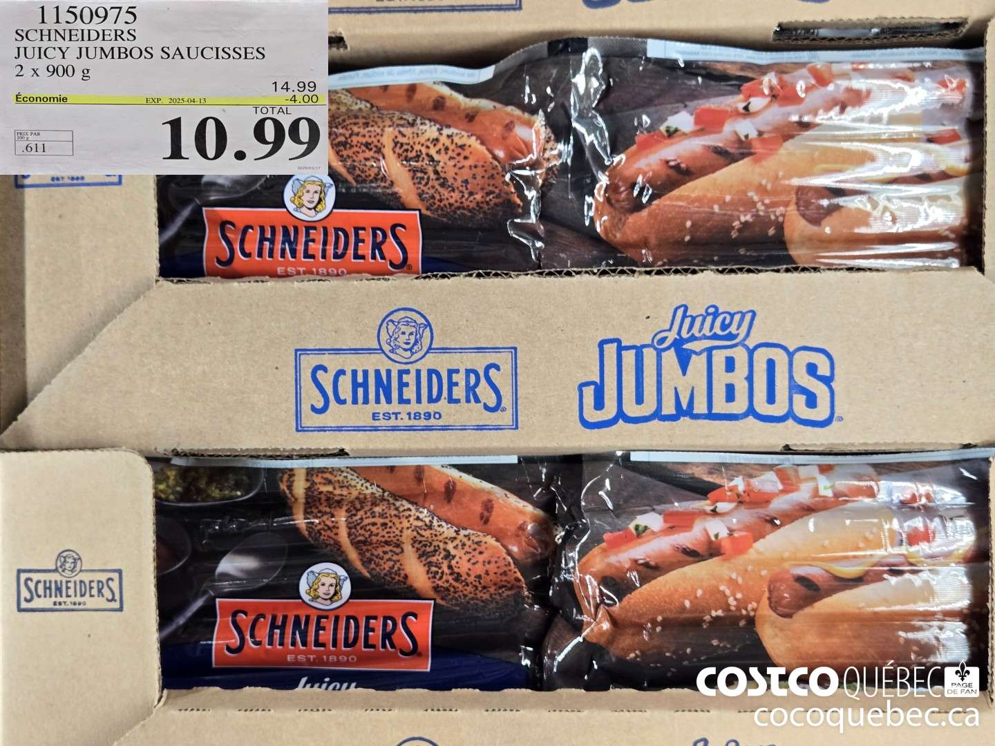 1150975 SCHNEIDERS JUICY JUMBOS SAUCISSES 2 x 900 g  ($4.00 INSTANT SAVINGS EXPIRES ON 2025-04-13) $10.99