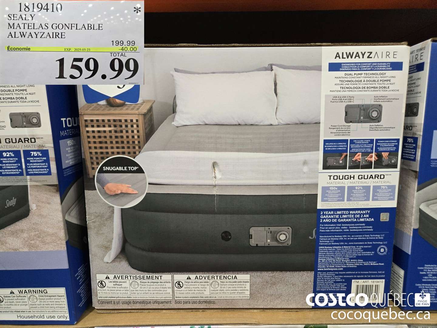 1819410 SEALY MATELAS GONFLABLE ALWAYZAIRE  ($40.00 INSTANT SAVINGS EXPIRES ON 2025-03-23) $159.99