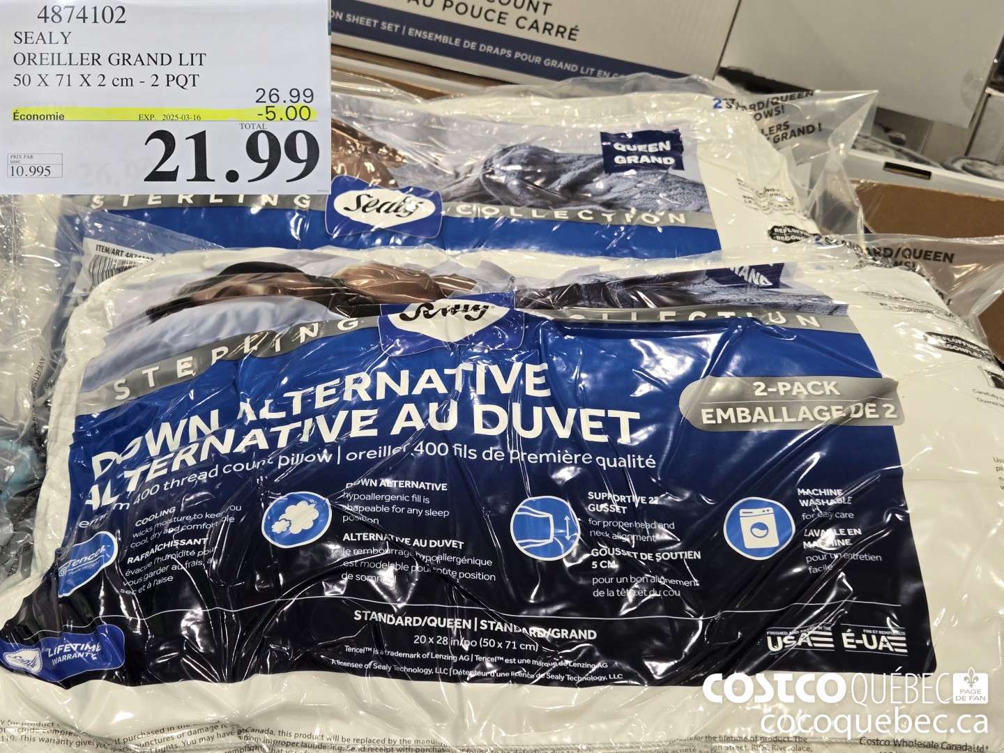 4874102 SEALY OREILLER GRAND LIT  ($5.00 INSTANT SAVINGS EXPIRES ON 2025-03-16) $21.99