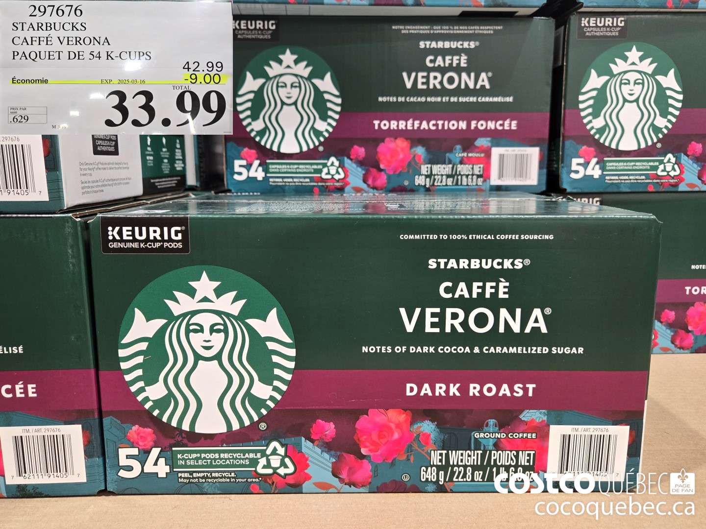 297676 STARBUCKS CAFFE VERONA PAQUET DE 54 K-CUPS ($9.00 INSTANT SAVINGS EXPIRES ON 2025-03-16) $33.99