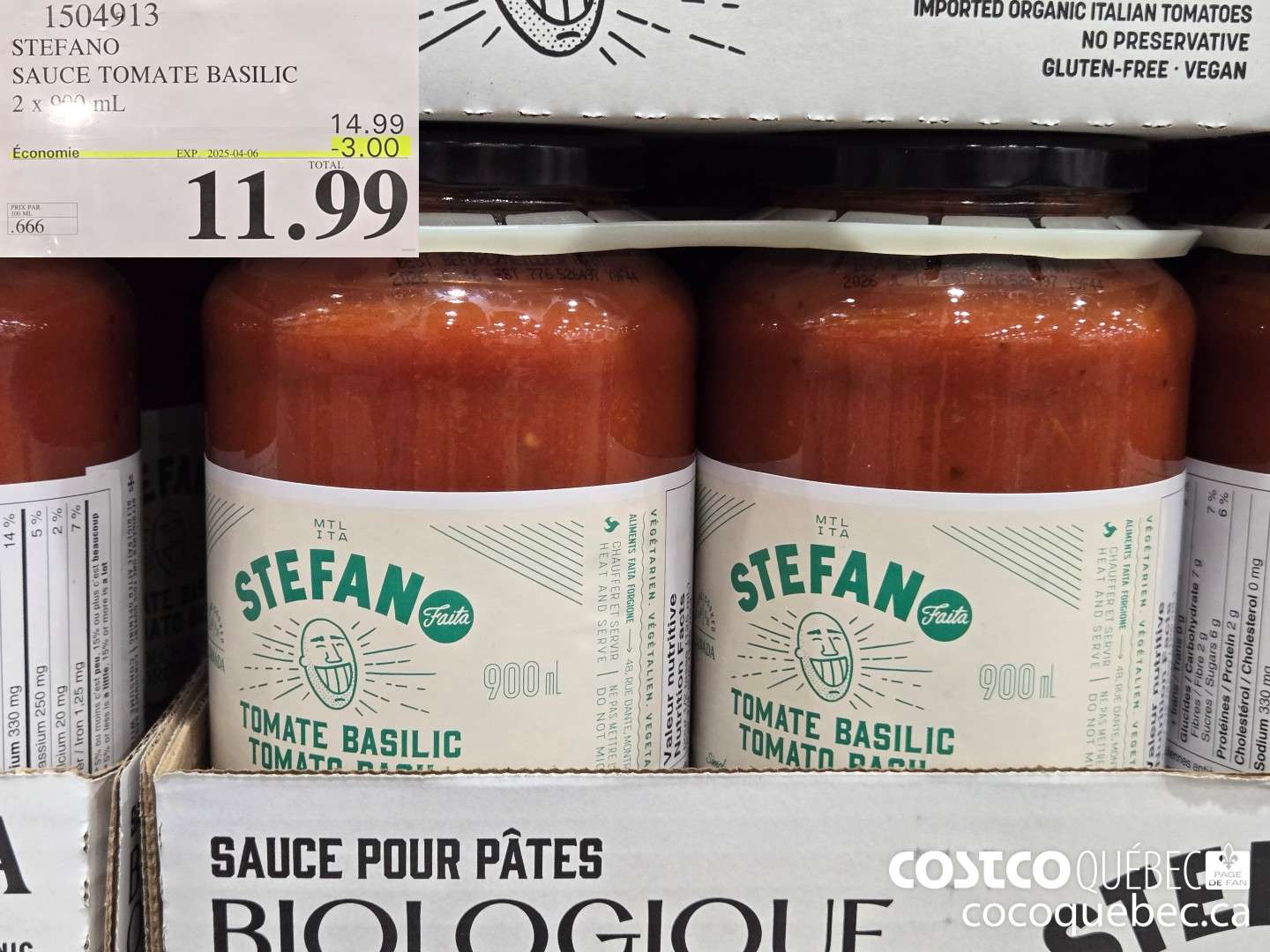 1504913 STEFANO SAUCE TOMATE BASILIC 2 x 900 ML Economie ($4.00 INSTANT SAVINGS EXPIRES ON 2025-04-06) $11.99