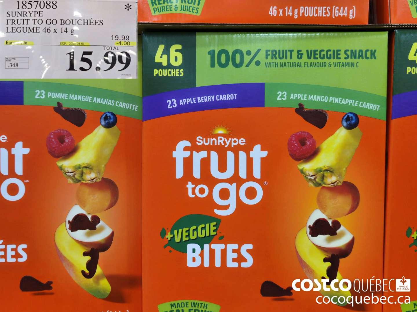 1857088 SUNRYPE FRUIT TO GO BOUCHEES LEGUME 46x 14¢  ($4.00 INSTANT SAVINGS EXPIRES ON 2025-04-01) $15.99