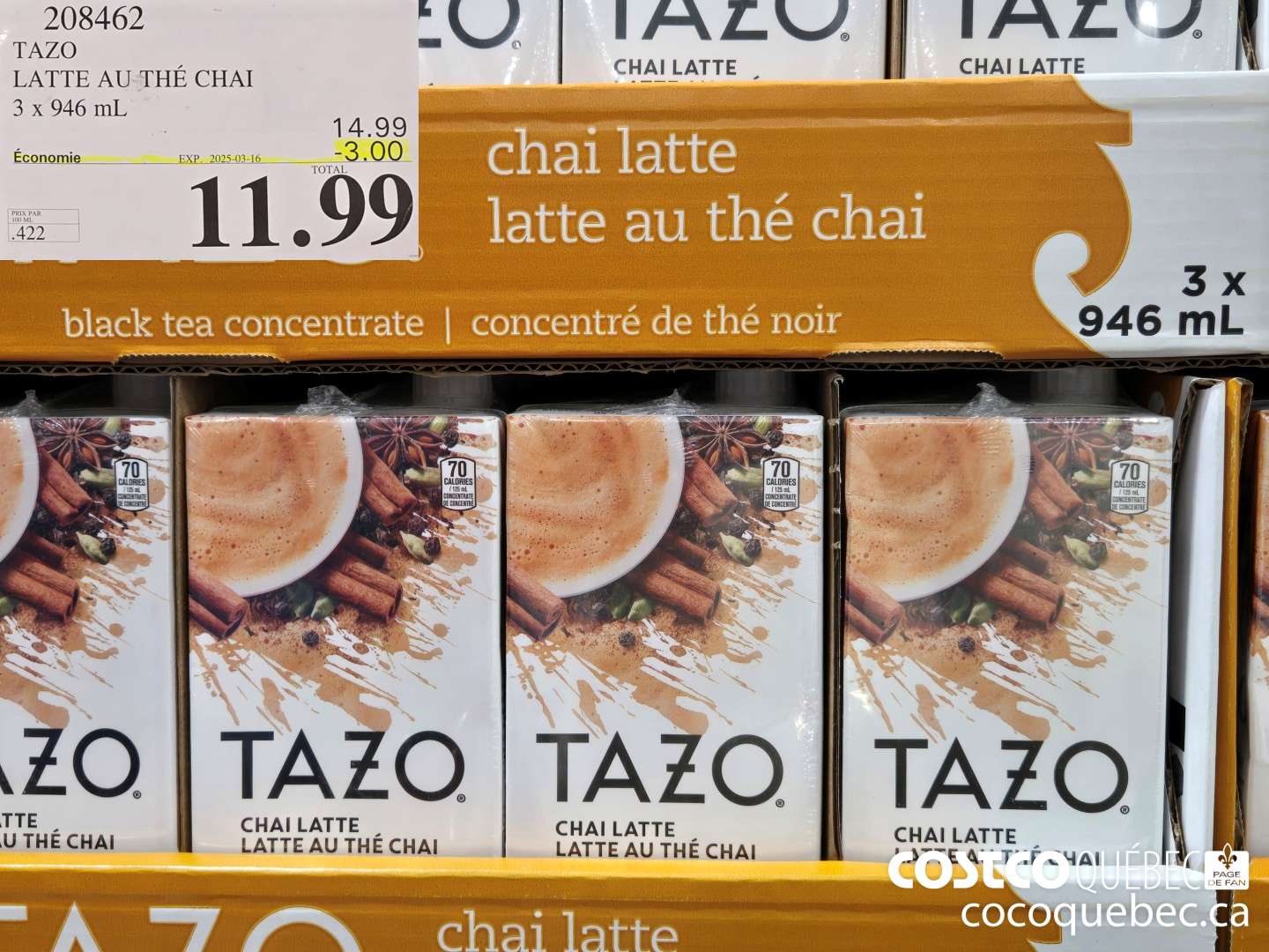 208462 TAZO : LATTE AU THE CHAI 3 x 946 mL 2022/12/05 334 ) @  ($3.00 INSTANT SAVINGS EXPIRES ON 2025-03-16) $11.99