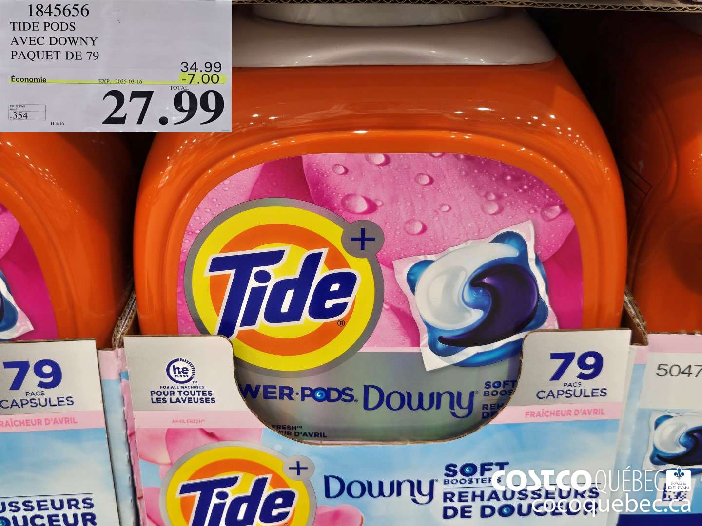 1845656 TIDE PODS AVEC DOWNY PAQUET DE 79  ($7.00 INSTANT SAVINGS EXPIRES ON 2025-03-16) $27.99