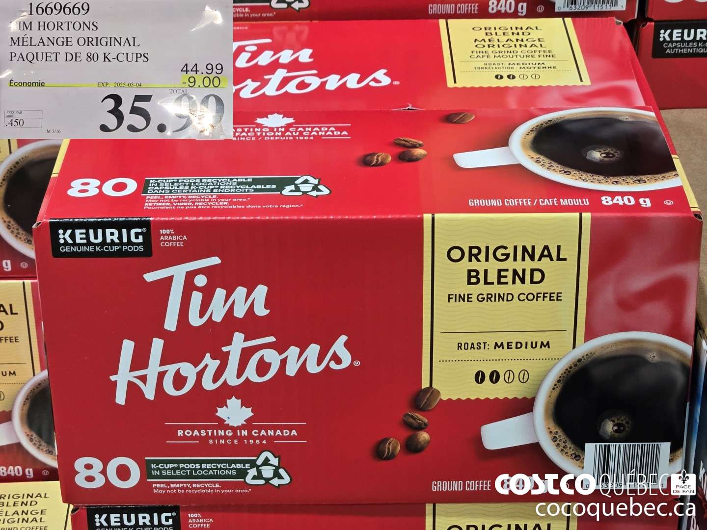 1669669 TIM HORTONS MELANGE ORIGINAL DE 80 K-CUPS ($9.00 INSTANT SAVINGS EXPIRES ON 2025-03-04) $35.99