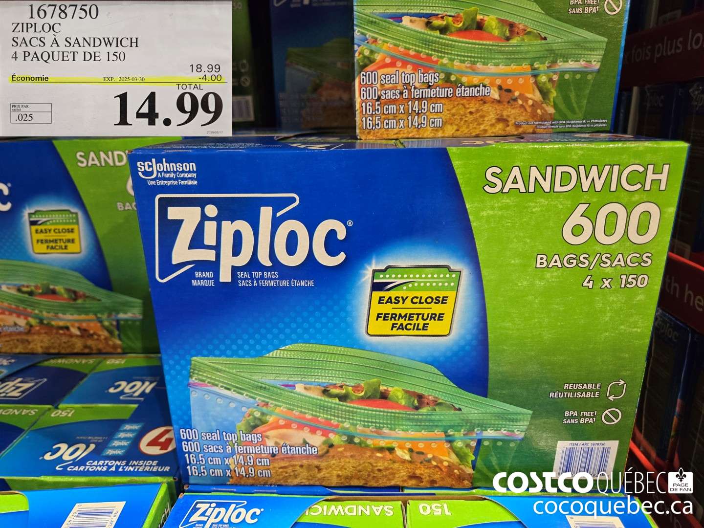 1678750 ZIPLOC SACS A SANDWICH 4 PAQUET DE 150  ($4.00 INSTANT SAVINGS EXPIRES ON 2025-03-30) $14.99