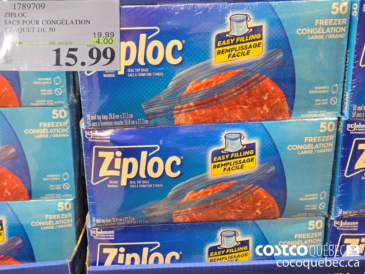 1789709 ZIPLOC SACS POUR CONGELATION 3 PAQUET DE 50 ($4.00 INSTANT SAVINGS EXPIRES ON 2025-03-30) $15.99