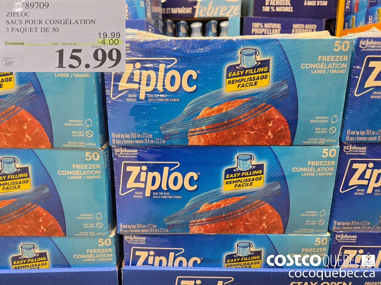 1789709 ZIPLOC SACS POUR CONGELATION 3 PAQUET DE 50 ($4.00 INSTANT SAVINGS EXPIRES ON 2025-03-30) $15.99