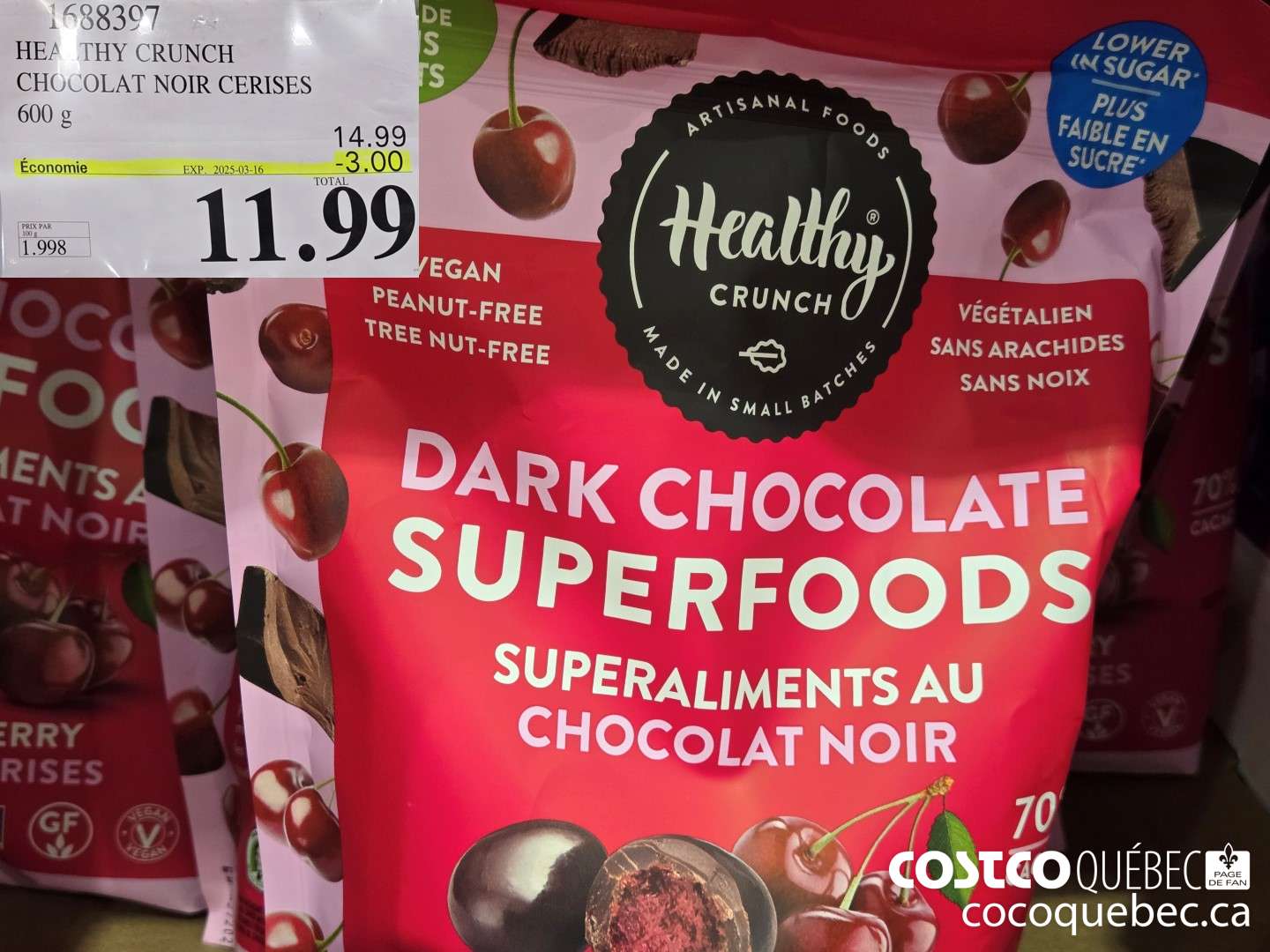 1588307 meA THY CRUMGH CHOCOLAT NOIR CERISES 600 g TOTAL m 11.99 PRIX PAR  ($3.00 INSTANT SAVINGS EXPIRES ON 2025-03-16) $11.99