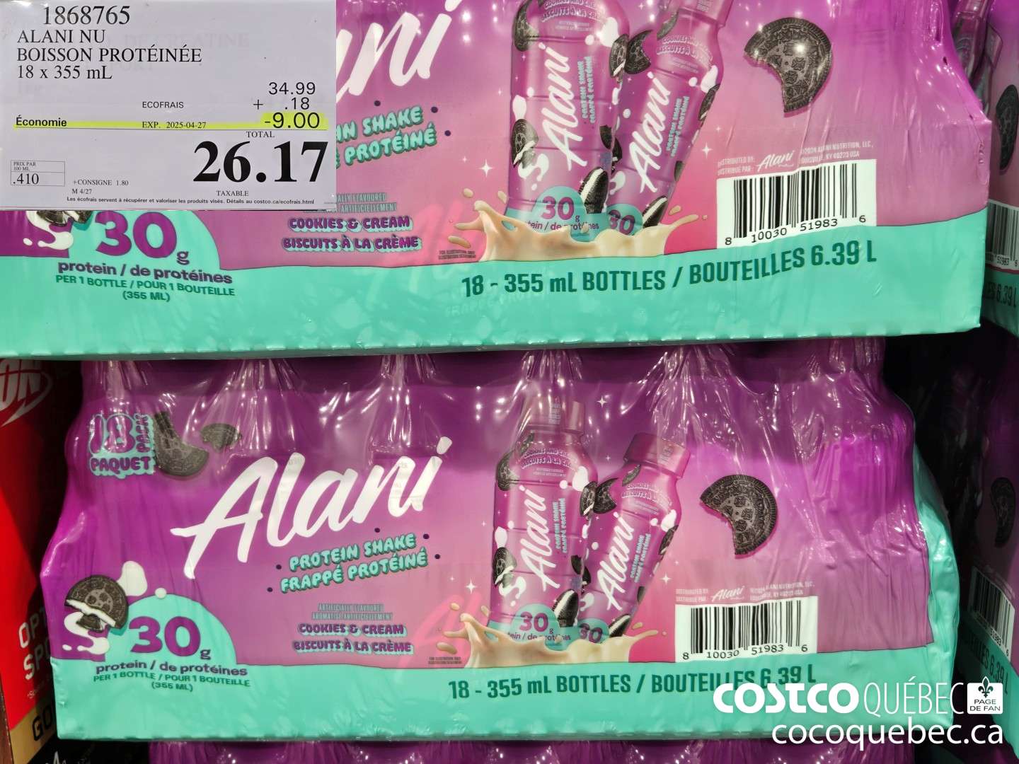 1868765 ALANIL NU BOISSON PROTEINEE 18 x 355 mL  ($9.00 INSTANT SAVINGS EXPIRES ON 2025-04-27) $26.17