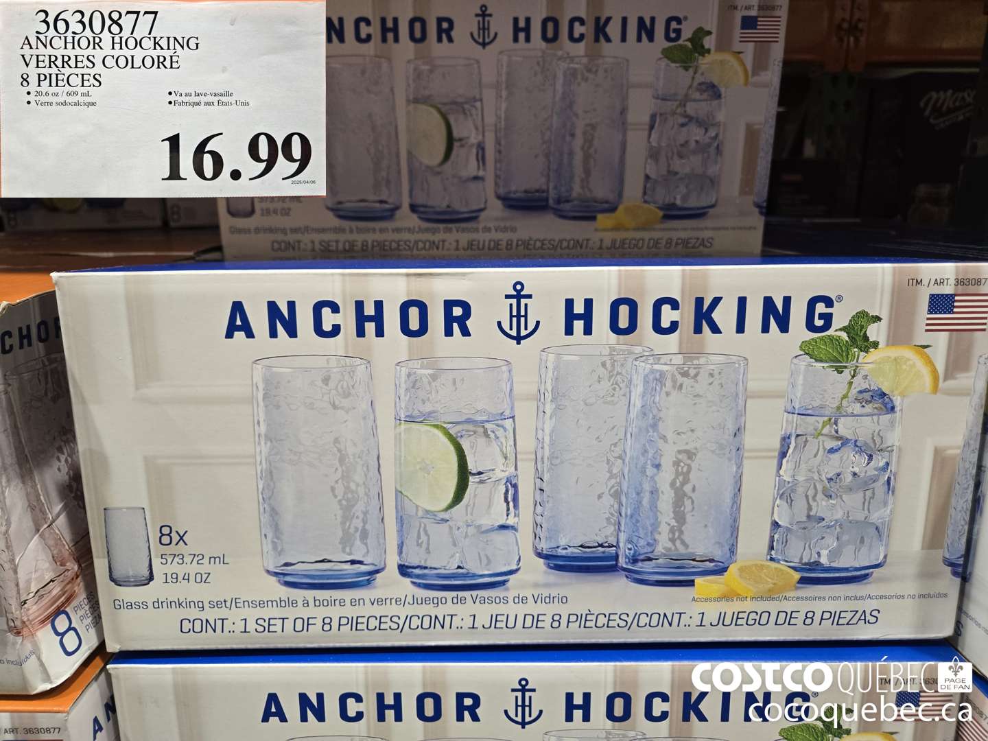 3630877 ANCHOR HOCKING VERRES COLORE 8 PIECES  $16.99