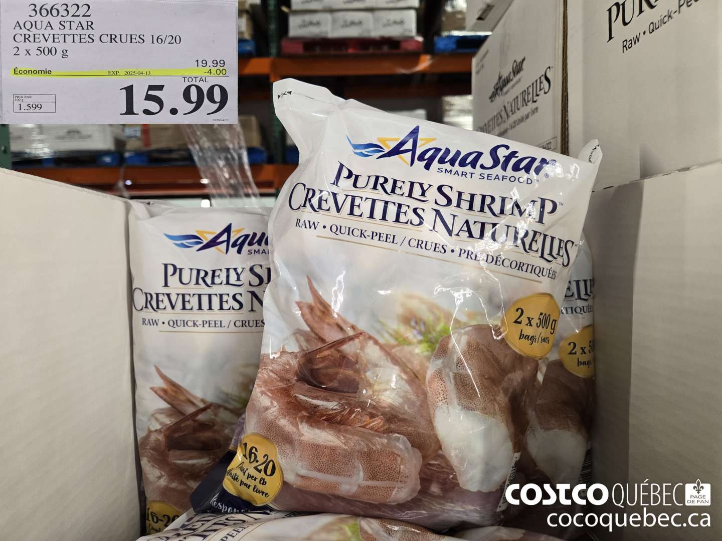 366322 AQUA STAR CREVETTES CRUES 16/20 2x 500 g  ($4.00 INSTANT SAVINGS EXPIRES ON 2025-04-13) $15.99