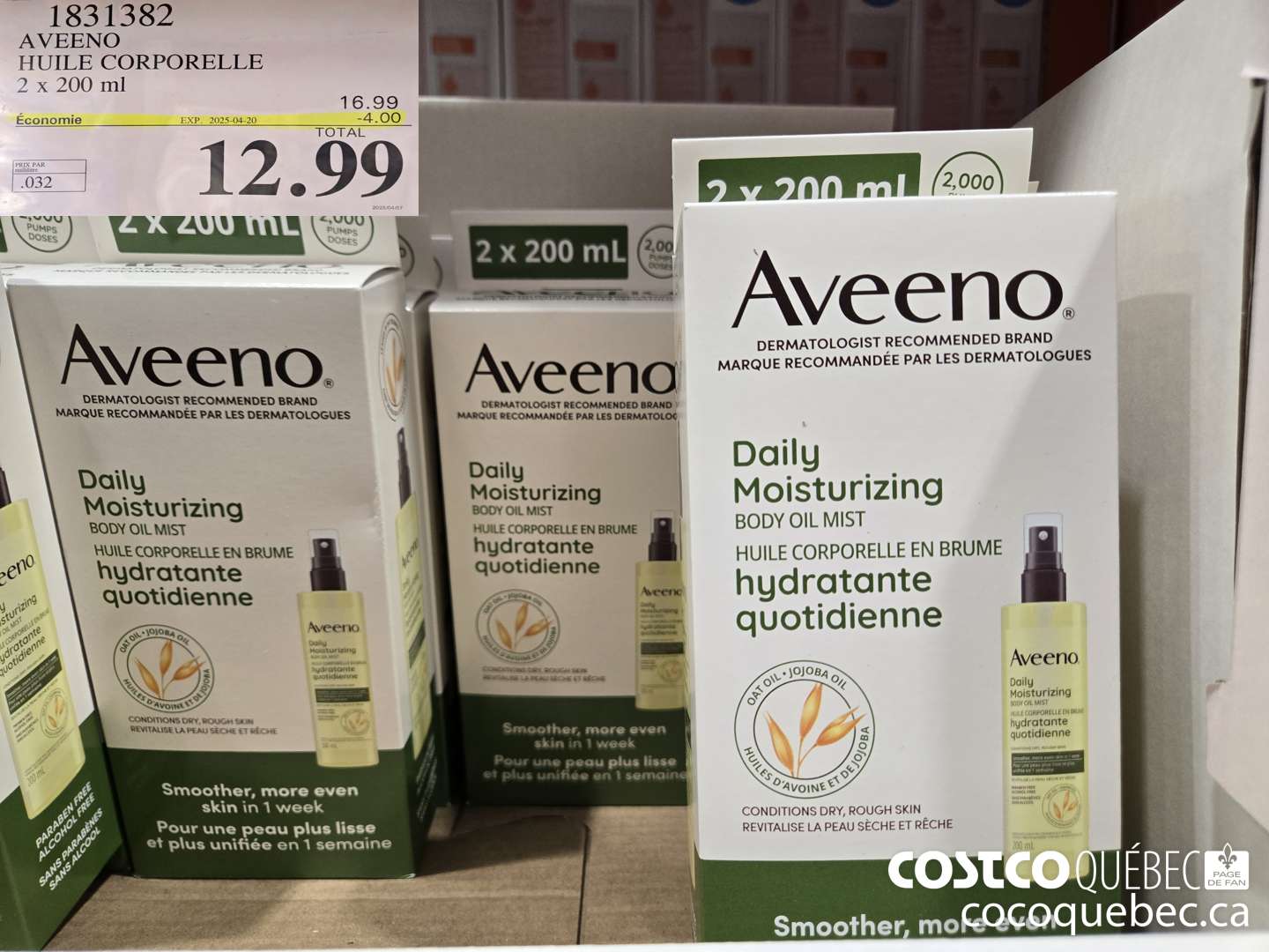 1831382 AVEENO HUILE CORPORELLE 2 x 200 ml  ($4.00 INSTANT SAVINGS EXPIRES ON 2025-04-20) $12.99