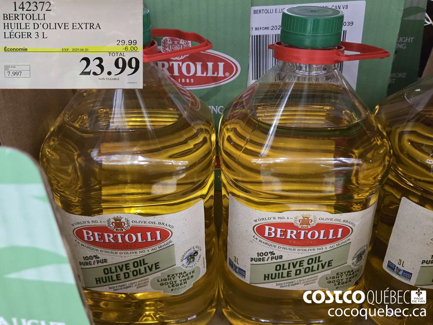 142372 BERTOLLI HUILE D'OLIVE EXTRA LEGER 3 L  ($6.00 INSTANT SAVINGS EXPIRES ON 2025-04-20) $23.99