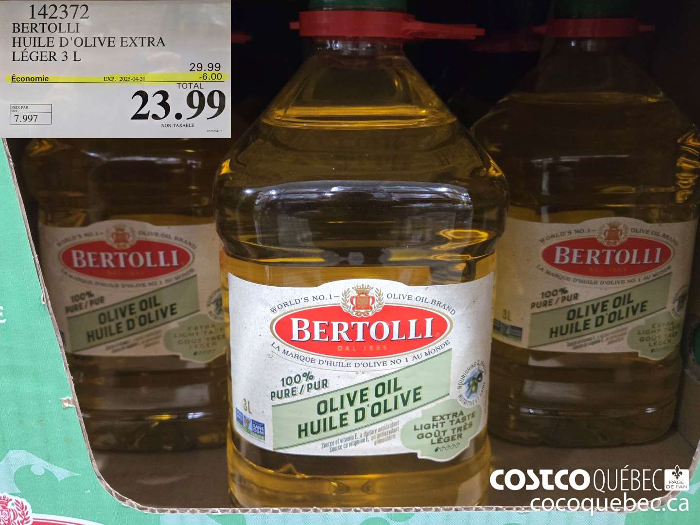 142372 BERTOLLI HUILE D'OLIVE EXTRA LEGER 3 L  ($6.00 INSTANT SAVINGS EXPIRES ON 2025-04-20) $23.99