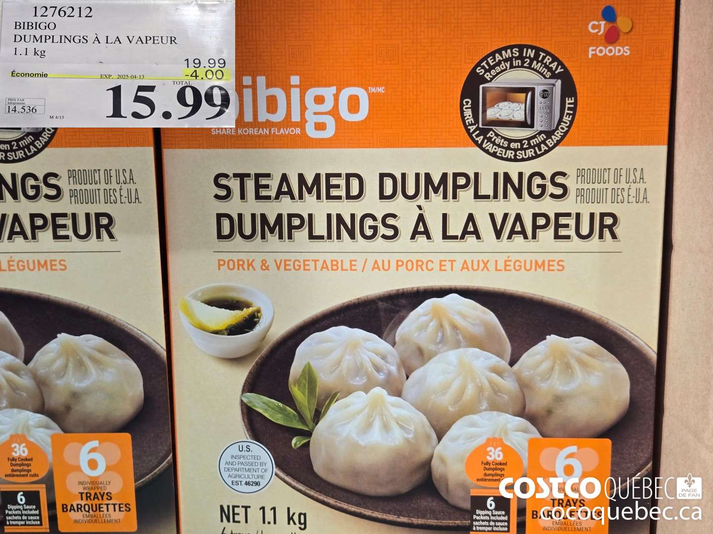 1276212 BIBIGO DUMPLINGS A LA VAPEUR 1.1 kg M 4/13  ($4.00 INSTANT SAVINGS EXPIRES ON 2025-04-13) $15.99
