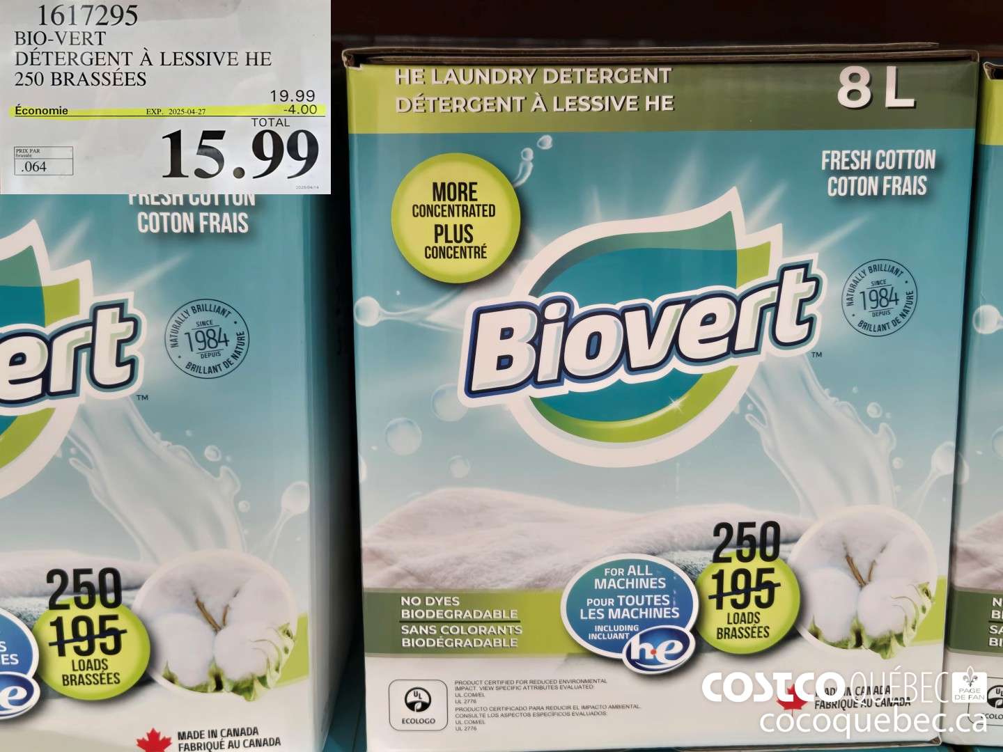 1617295 BIO-VERT DETERGENT COTON FRAIS 250 BRASSEES  ($5.00 INSTANT SAVINGS EXPIRES ON 2025-04-27) $15.99